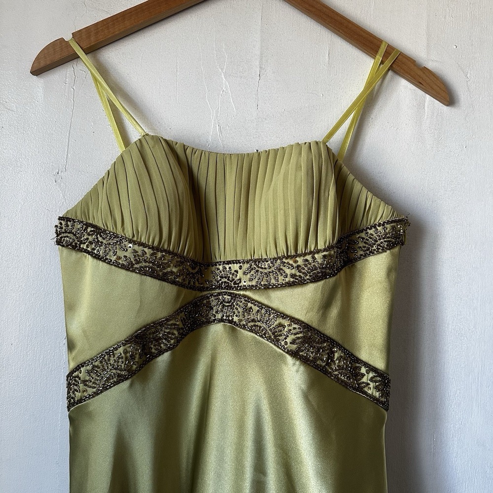 Vintage Y2K Dusk By Shelia Yen Beaded Yellow Green Ruched Strapless Dress Sz 6 - Picture 2 of 10